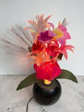 Vintage 80's Fiber Optic Flower Light Arrangement With Black Base pink